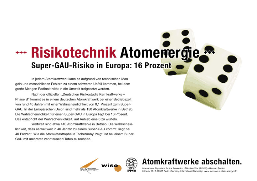 Risikotechnik Atomenergie - Super-GAU-Risiko in Europa: 16 Prozent - Internationale Plakatkampagne Fakten zur Atomenergie - International Nuclear Power Fact File Poster Campaign