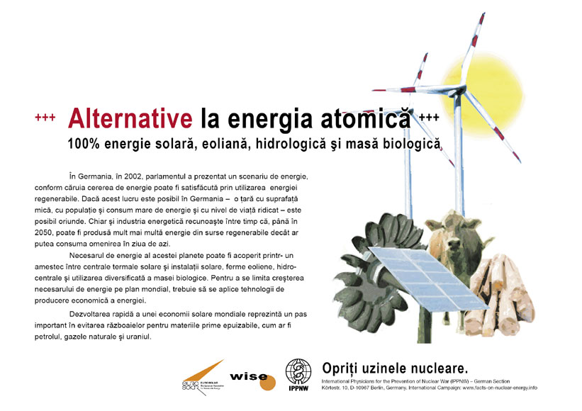 Alternative la energia atomică - 100% energie solară, eoliană, hidrologică şi masă biologică - Campania internaţională cu pancarte "Fapte concrete ale energiei nucleare"